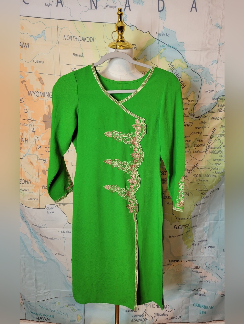 Green Embroidered With Gold Kurta Tunic Dress Side Slits To The Hip.
